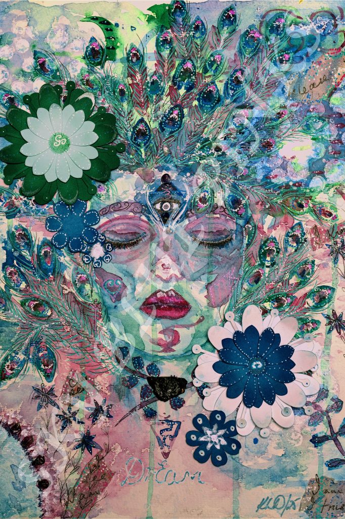 A face made from flowers and symbols for the Contact page at Sky Blue Prints