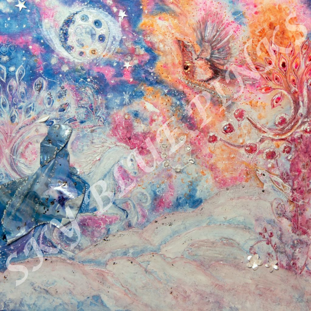 Symbolic intuitive artwork using colour and layered texture - featuring a white horse, hare and a robin