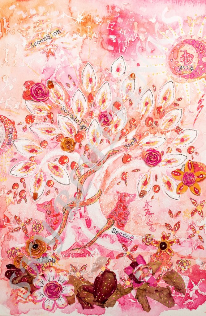 Symbolic art gallery - Mixed media artwork exploring identity and transformation featuring a tree of life and two dogs