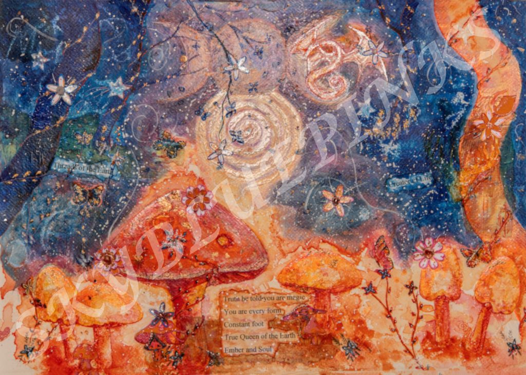 Symbolic art gallery piece - intuitive artwork using colour and layered texture featuring toadstools