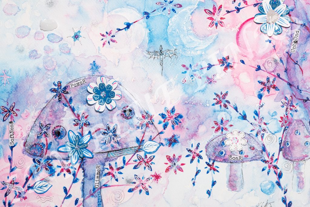 Symbolic art gallery - intuitive artwork using colour and layered texture featuring flowers and toadstools