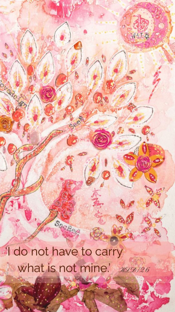 Detail from an abstract tree painting showing a dog resting beneath the trunk, reflecting themes of calm, rest, and letting go of emotional weight.